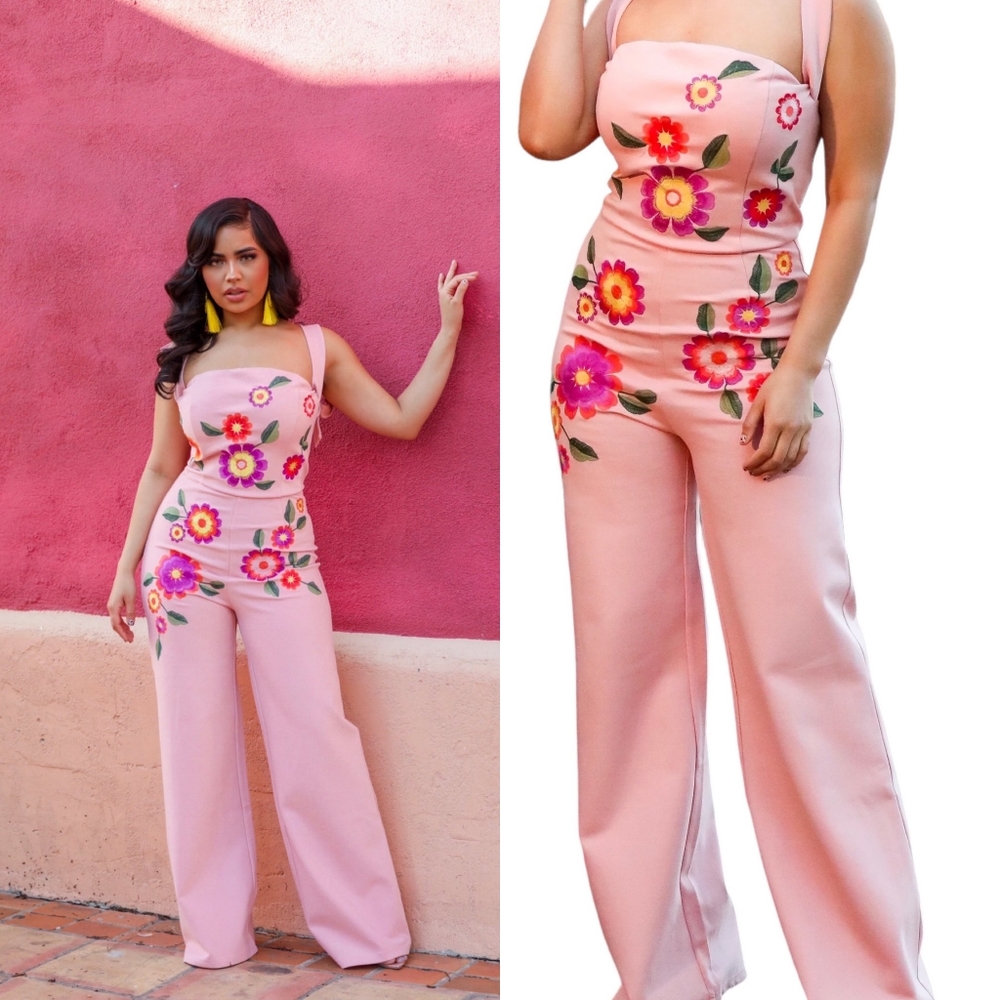Guaraxez Exitosa Rose Jumpsuit Wide Leg Embroidered Romper Pink Boho Wom…